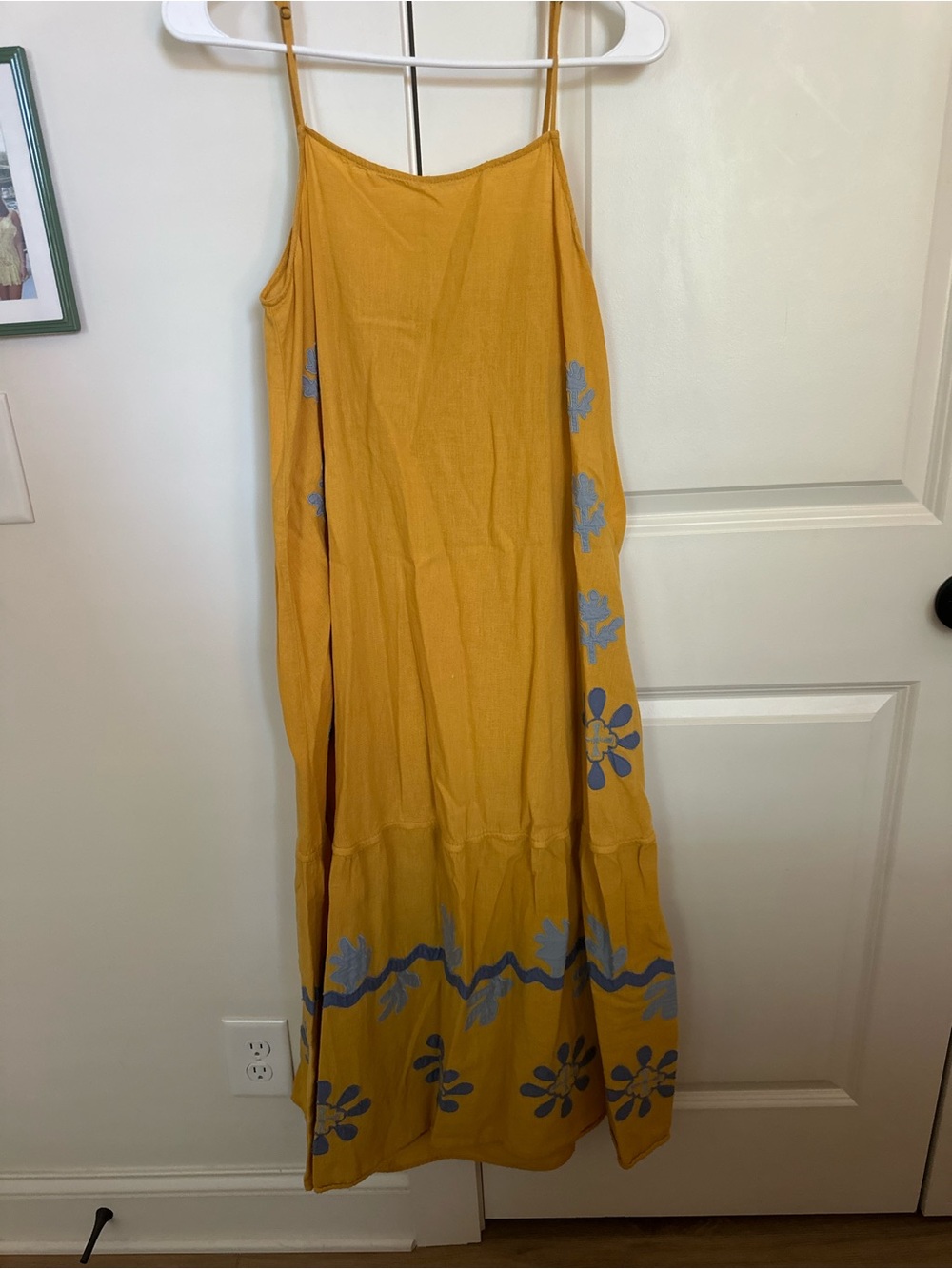 Zara Mustard Yellow Maxi Dress with Blue Floral Embroidery
